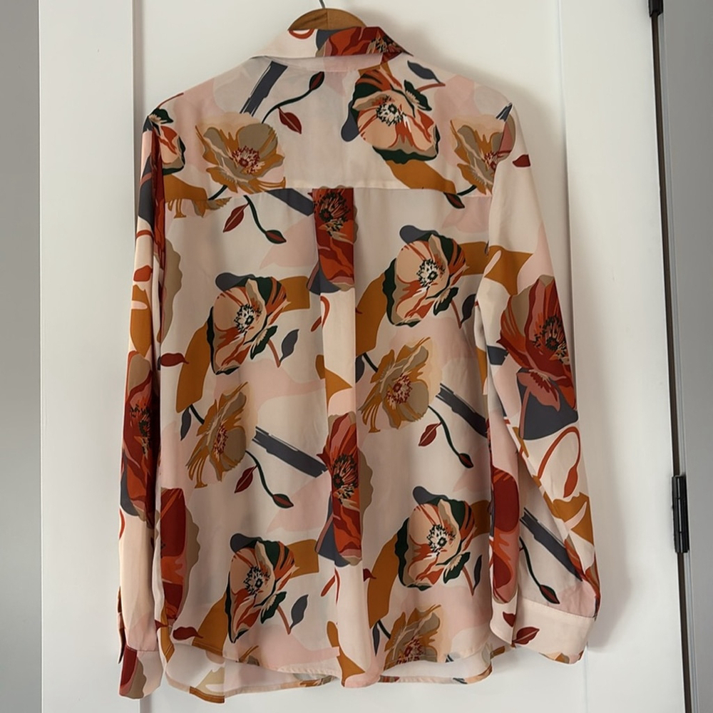 CLEO Floral Print Women's Top relaxed fit crepe blouse button up cream brown XL - Picture 5 of 14